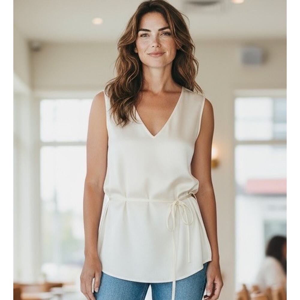 NWT Theory Sleeveless Silk Blouse Ivory Office Top V Neck Tank XS / PS Business
